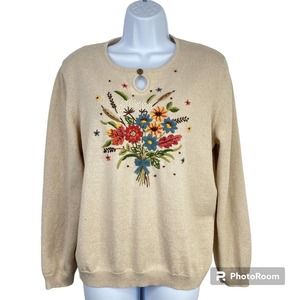 Alfred Dunner Beige Embroidered Colorful Floral Pattern Light Sweater Size L